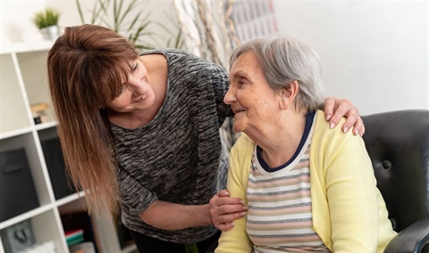 An in-home support worker speaks with an older female client seated on a lounge in a bright and sunny room