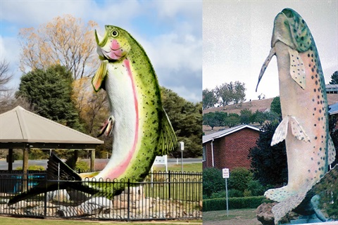 A composite showing a render of the most popular new design for the Big Trout on the left, and a photo of the original paint design on the right.