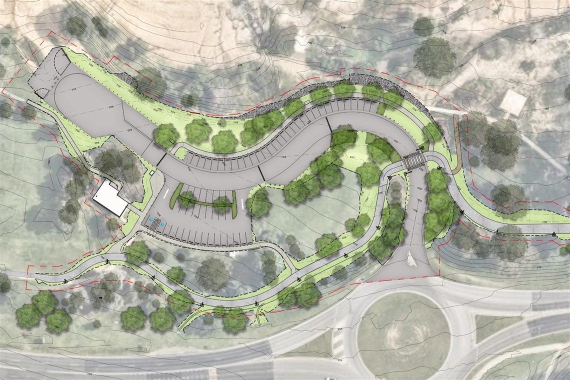 Aerial view map of Claypits parking area, with overlay showing upgrade works in stage one