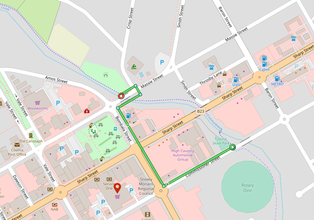 A map of an alternate Cooma Creek Walk route avoiding the Commissioner Street causeway using Bombala Street and Massie Street