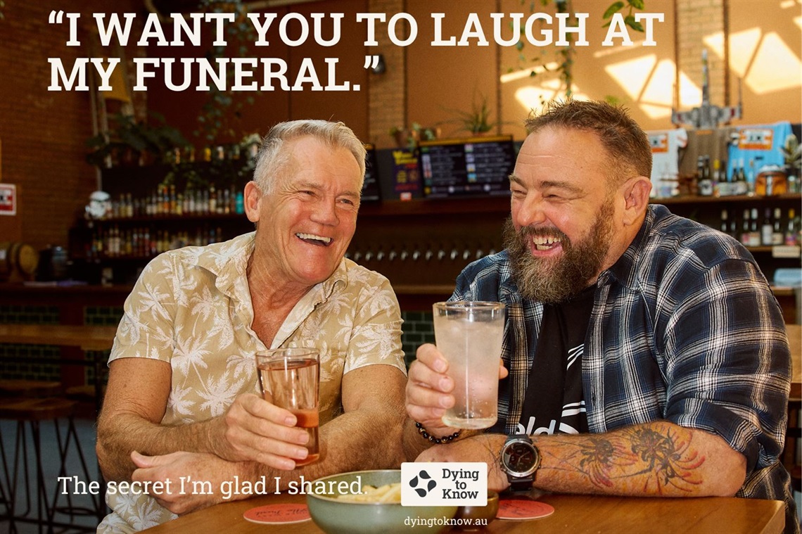 Men laughing at the pub, with the caption 