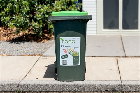 Image of a lime-green lidded FOGO bin on a street kerb in front of a suburban home