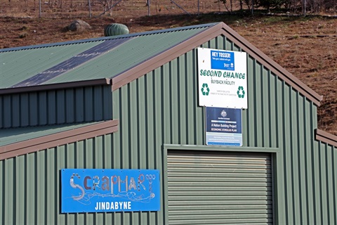 Exterior of green Colourbond shed housing the Jindabyne ScrapMart facility
