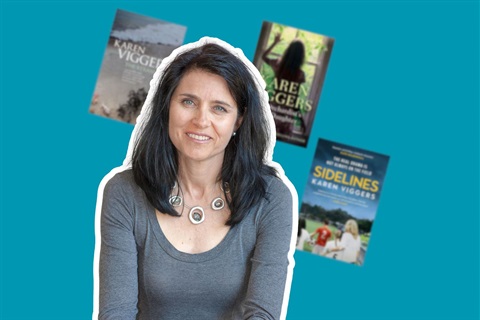 Promotional image of author Karen Viggers superimposed over a blue background with her book covers