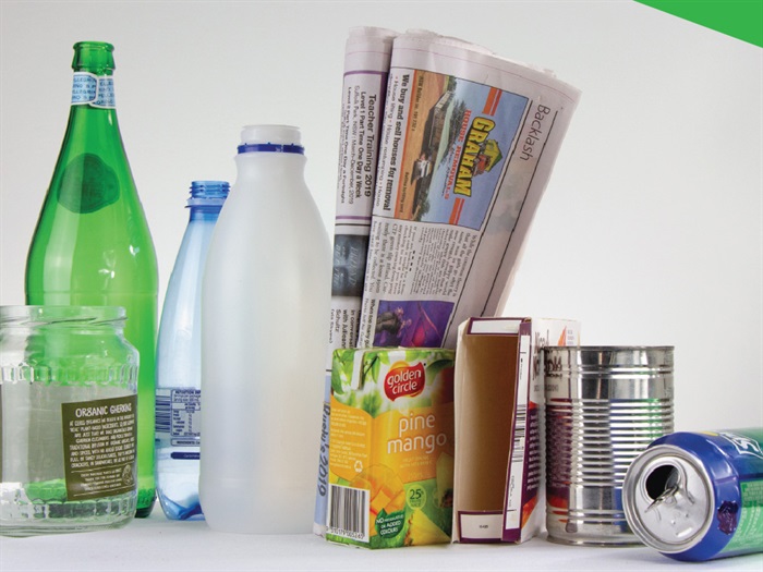 paper and cardboard, steel and aluminium cans, glass bottles and jars, plastic bottles and containers