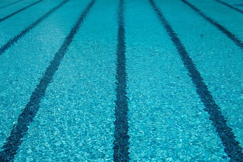 A close-up image of the blue water of a public swimming pool, with lane lines visible beneath the surface.