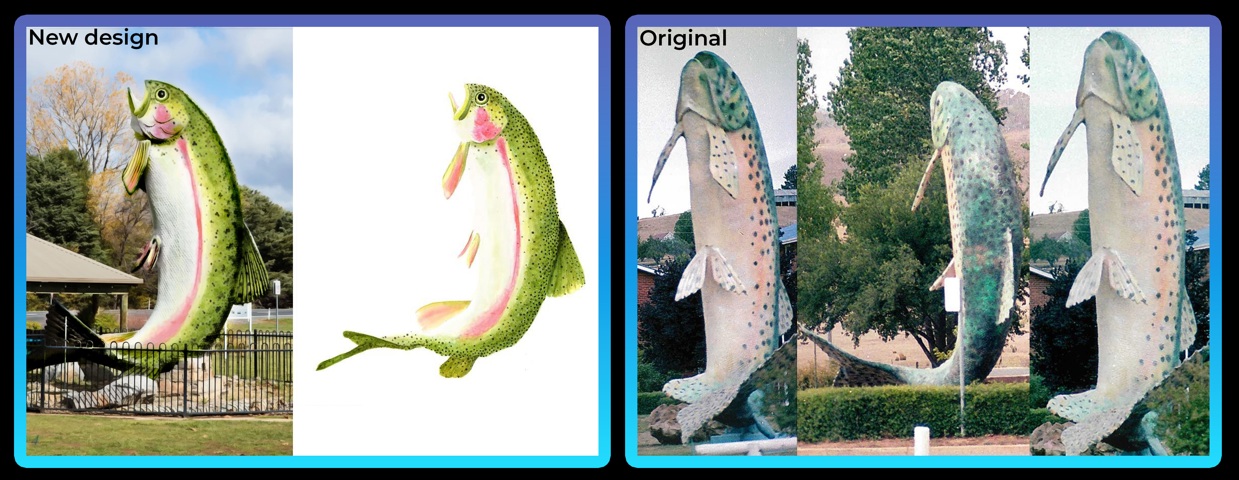 A side-by-side comparison showing multiple perspectives on the new and old Big Trout designs.