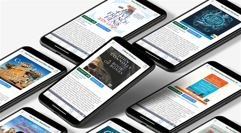 A variety of smartphones on a flat photo studio backdrop showcasing a variety of titles available on uLibrary